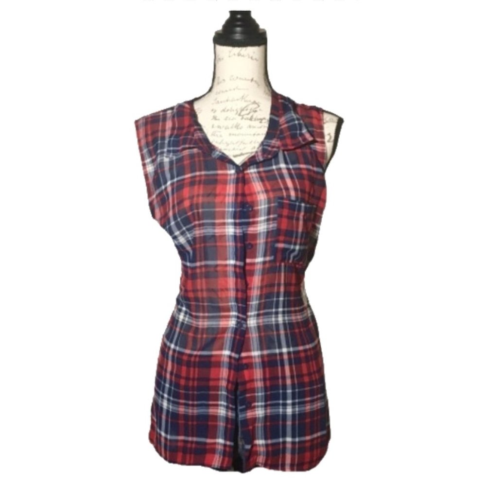 3X Miss Lili Madras Plaid Button Up Sleeveless